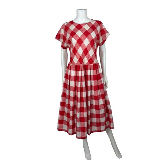 Vintage Dresses & Skirts - Vintage 80s Checkered Dress Womens Large Red White Picnic Gingham Fit And Flare